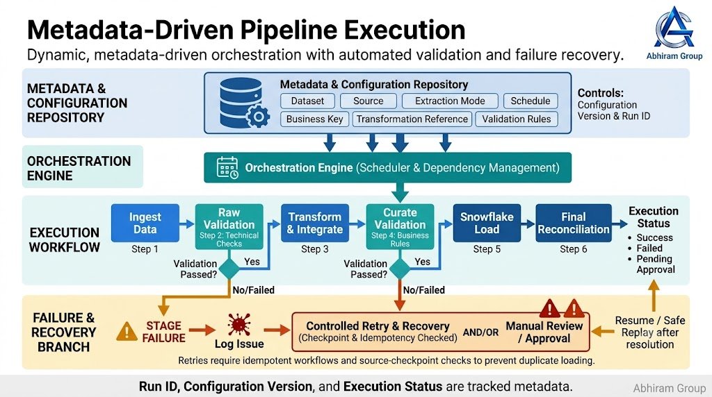 Flowchart showing metadata configuration controlling an ingestion-to-Snowflake pipeline with validation gates, execution tracking and failure-recovery branches.